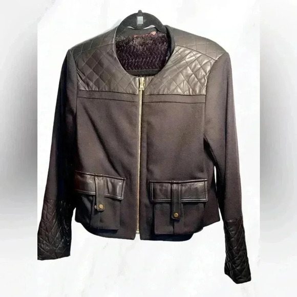 Alice and Olivia black crop long sleeve leather trim wool and cashmere jacket S - Picture 2 of 5